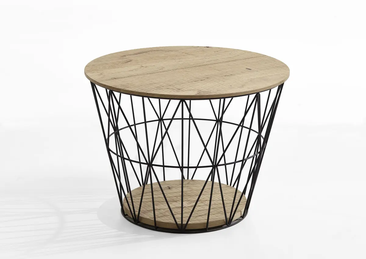 Couchtisch - LBH ca. 62x62x46 cm, Platte Eiche massiv, Metallkorb