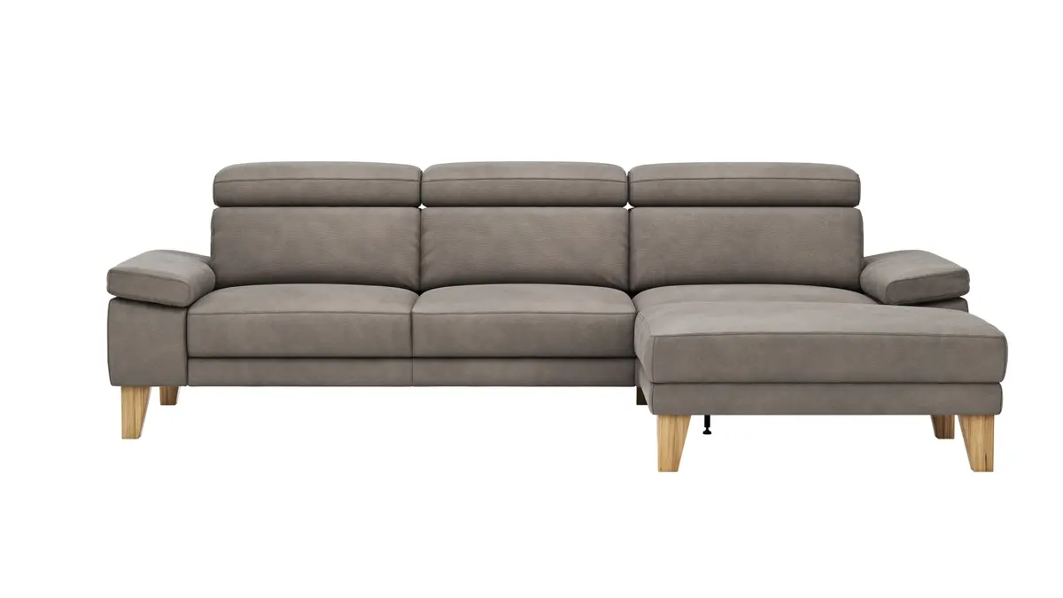 Ecksofa Hudson - 2,5-Sitzer mit Longchair rechts inkl. Kopfteil verstellbar, Stoff, Steingrau