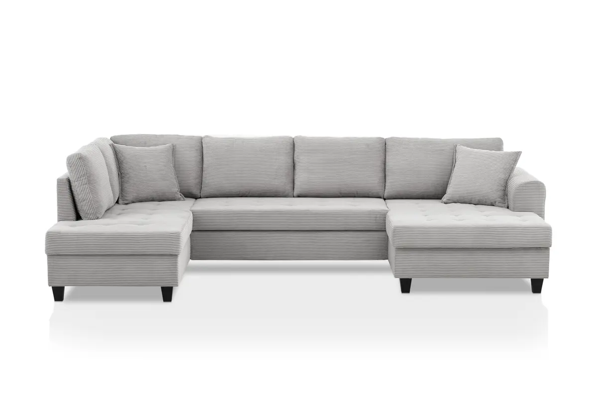 Wohnlandschaft - Longchair links, 2-Sitzer, Ecke rechts inkl. Schlaffunktion mit Bettkasten, Stoff, Hellgrau