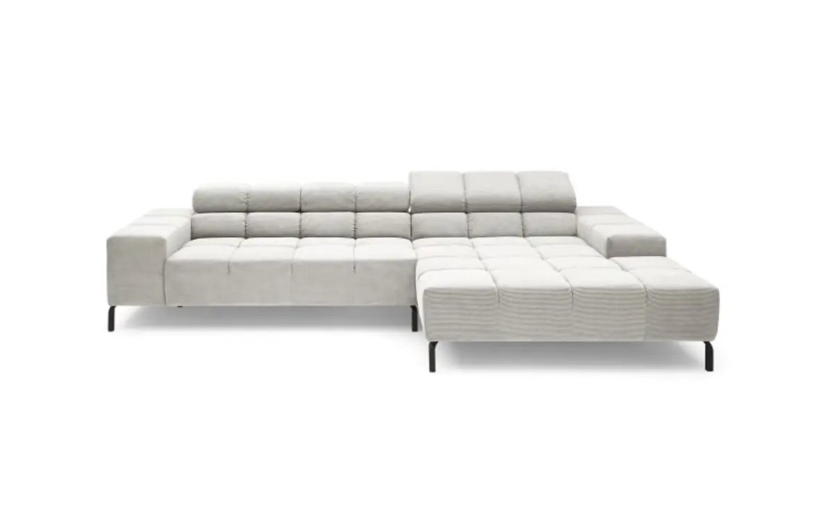 Ecksofa CLIVIA - 2-Sitzer mit Longchiar rechts, Sitzvorzug motorisch, Kopfteil verstellbar, Stoff, Silberfarben