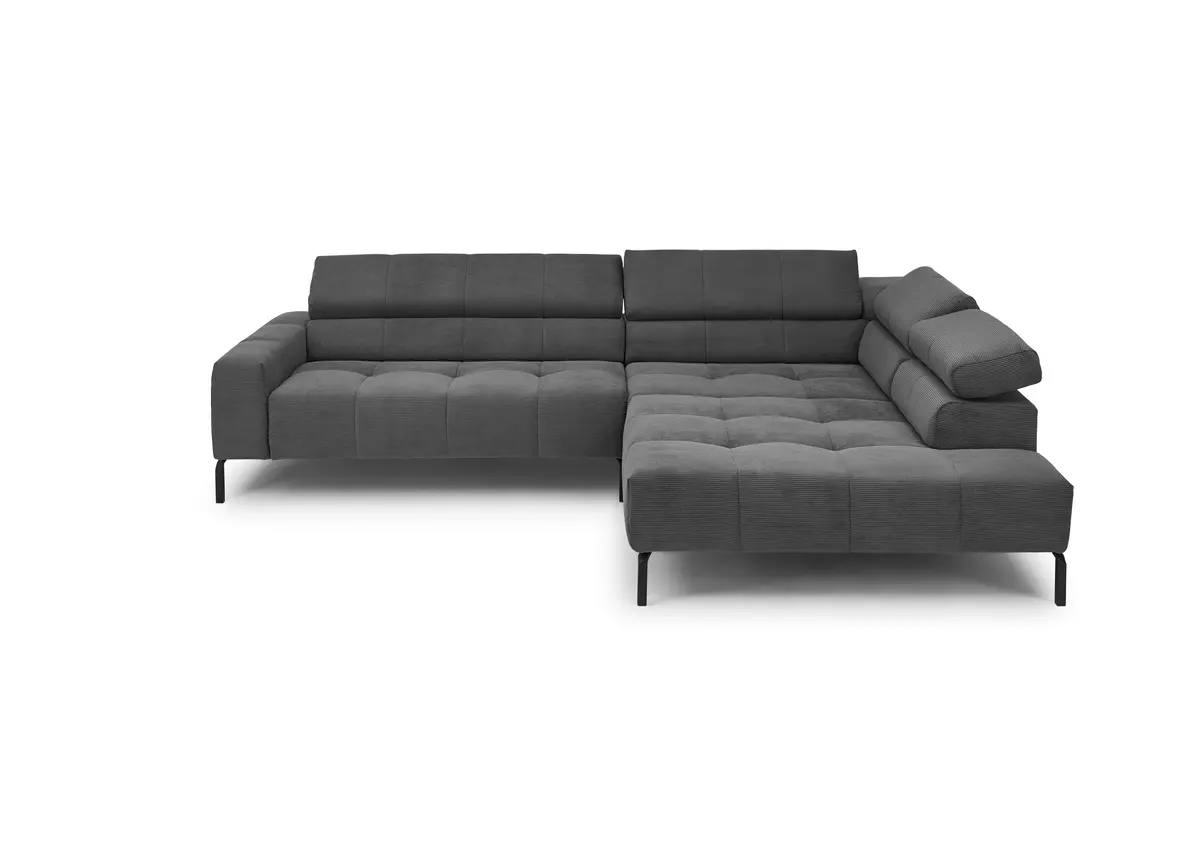 Ecksofa COLLEEN 2.0 - 2-Sitzer mit Ecke rechts, Kopfteil verstellbar, Feincord, Anthrazit