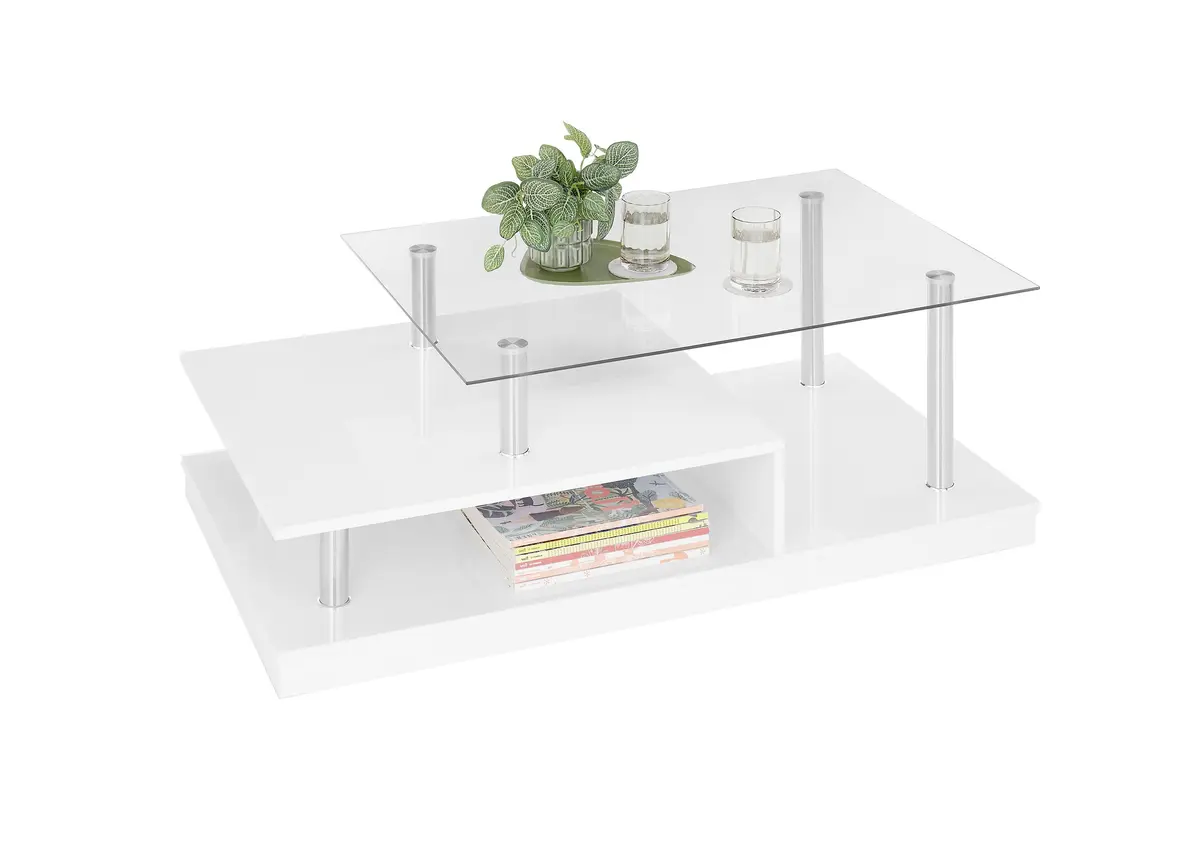 Couchtisch - LB ca. 110x60 cm, Glas, Edelstahloptik, Weiß Hochglanz