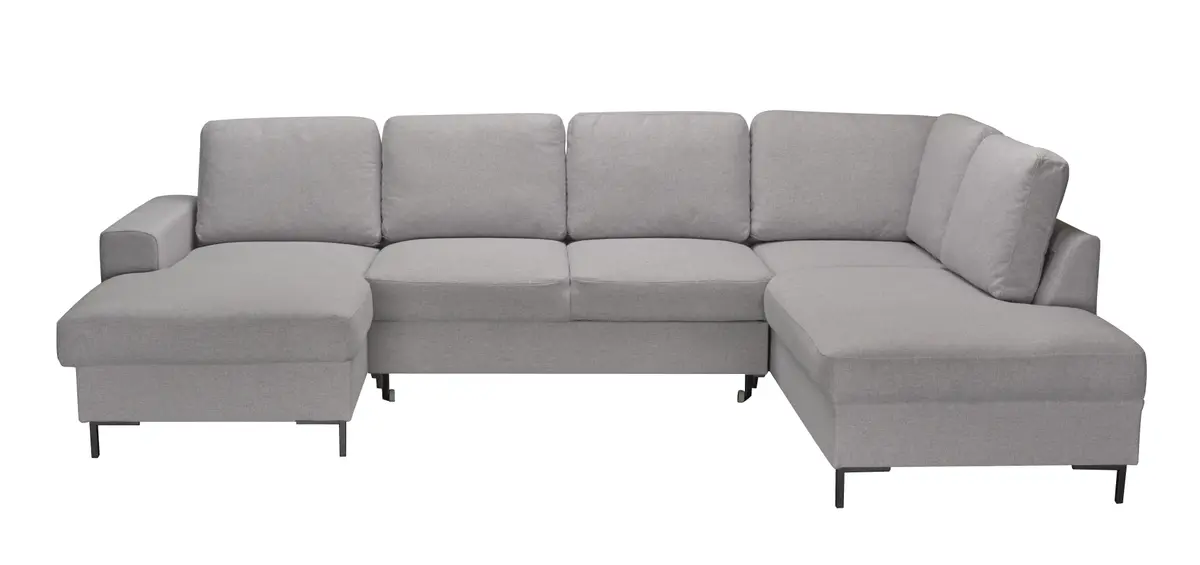 Wohnlandschaft - Longchair links, 2-Sitzer, Ecke rechts inkl. Schlaffunktion und Bettkasten, Stoff, Hellgrau