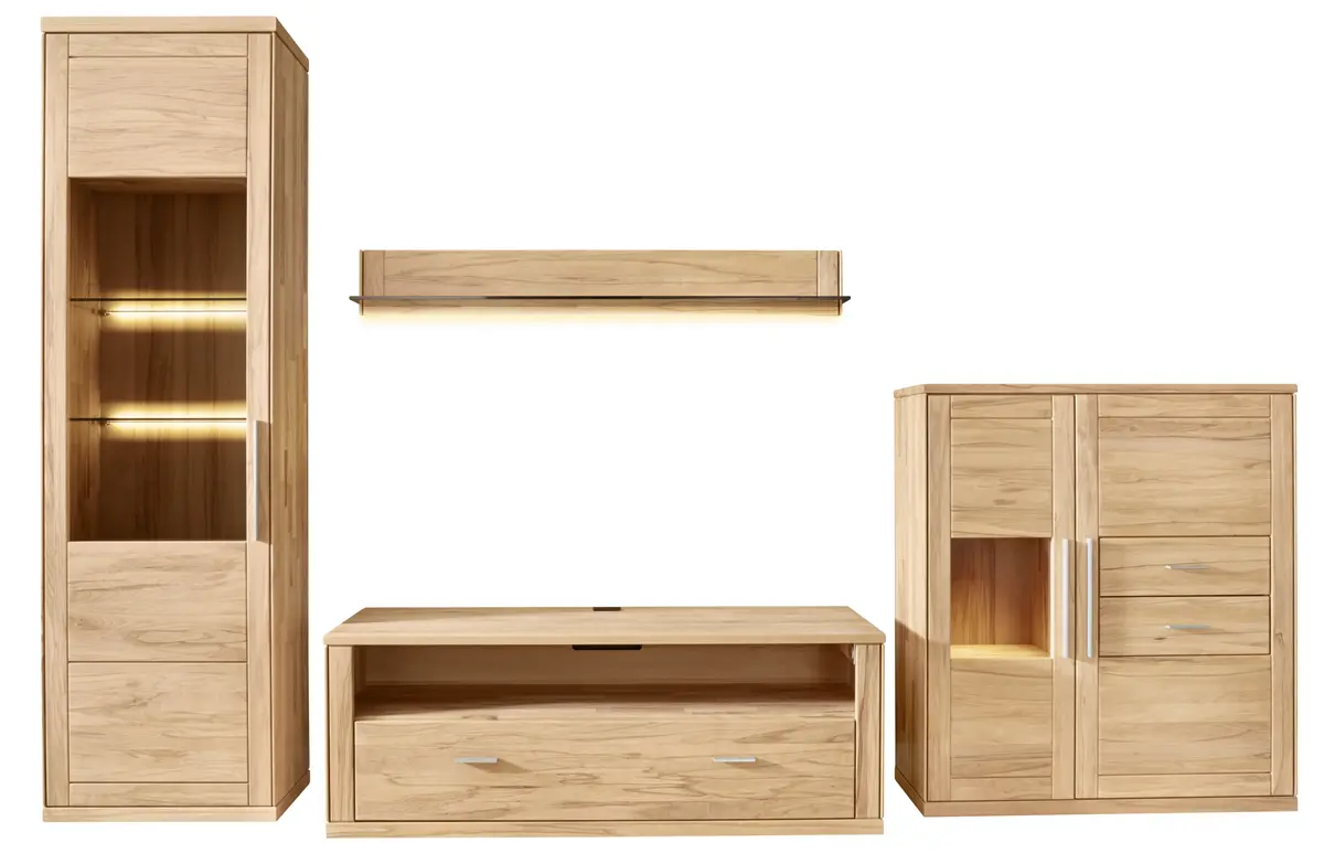 Wohnwand Faro 6.0 - inkl. Beleuchtung, Kernbuche massiv, natur geölt