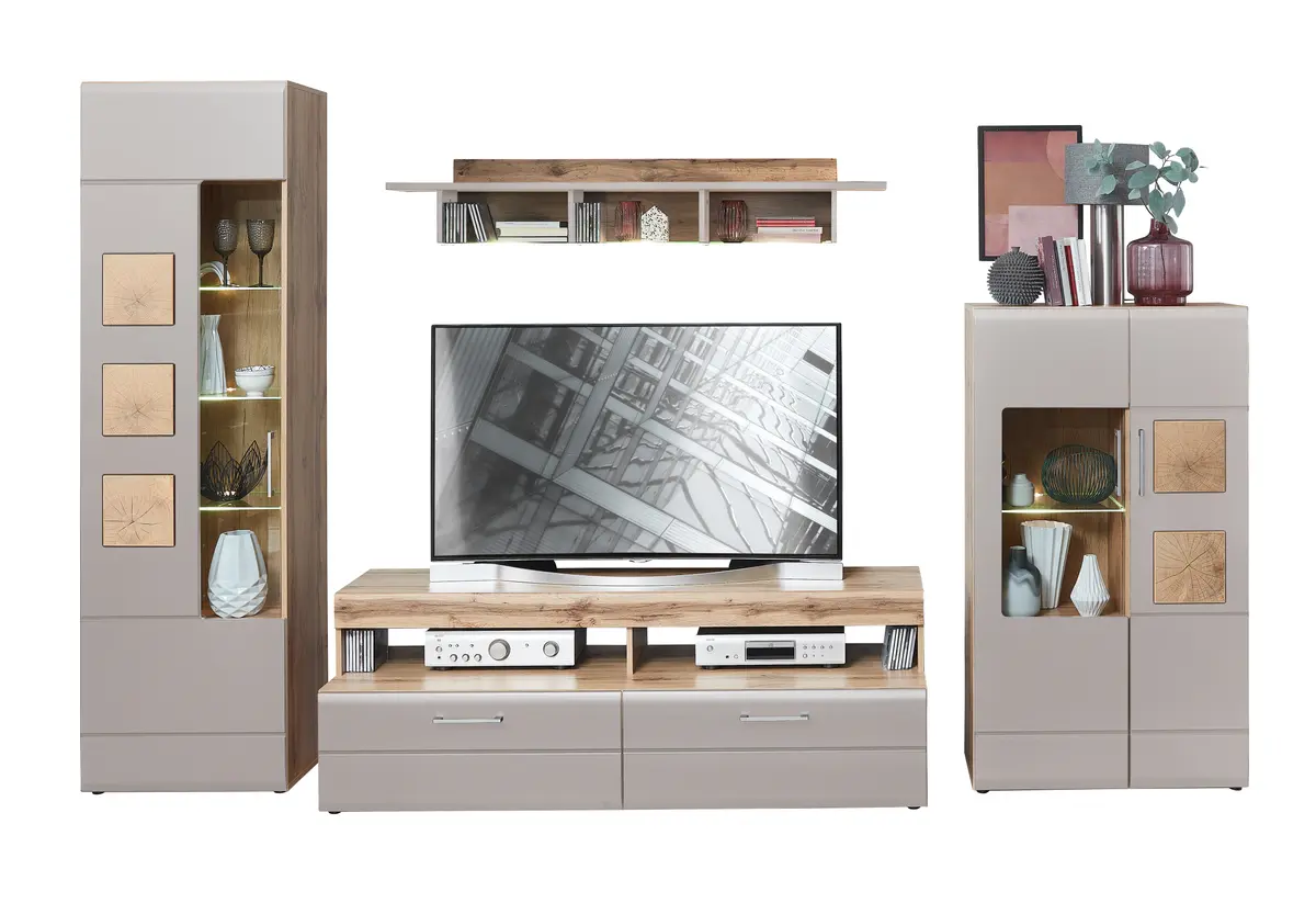 Wohnwand - mit Beleuchtung, Eiche Altholz Nachbildung, Kaschmir