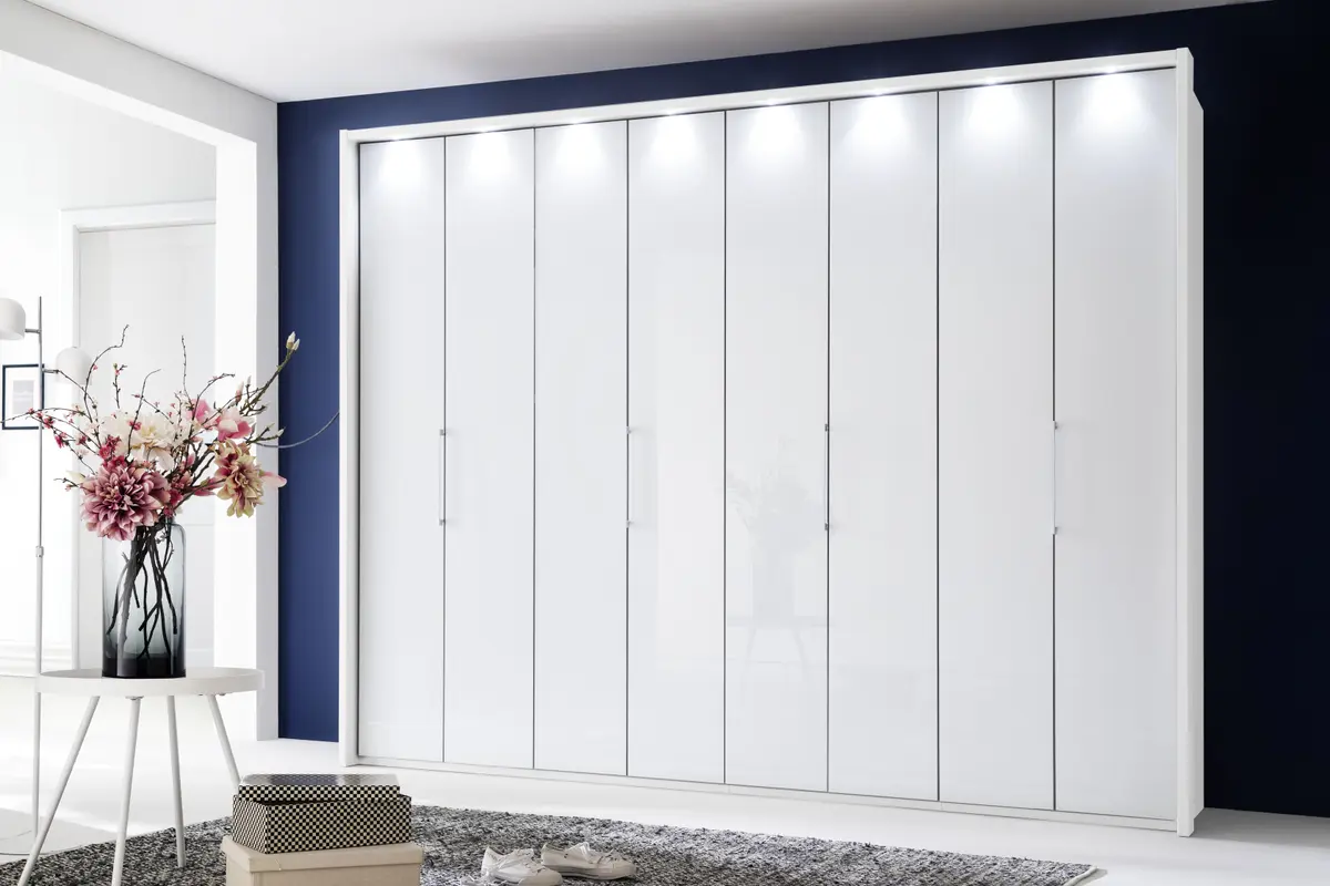 Falttürentürenschrank - B. ca. 306,4 cm, inkl. Beleuchtung, Glas Weiß