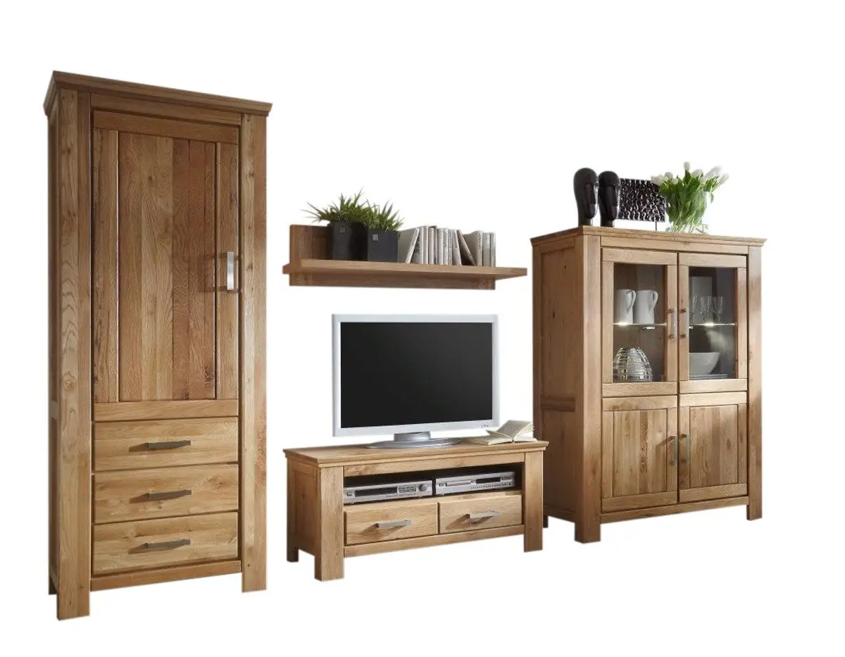 Wohnwand - mit Beleuchtung, Wildeiche teilmassiv