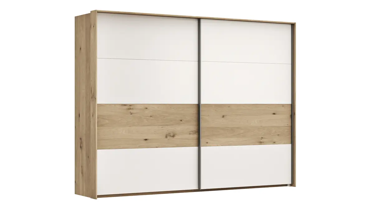 Schwebetürenschrank Viana - B ca. 278 cm, Furnier, Balkeneiche, Weiß