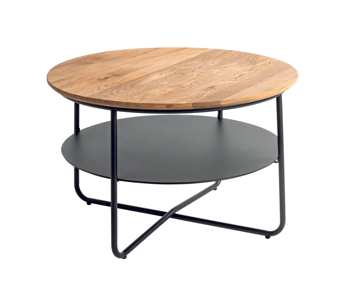 Couchtisch - Ø/H ca. 70x45 cm, Eiche massiv geölt, Schweizer Kante, Schwarz