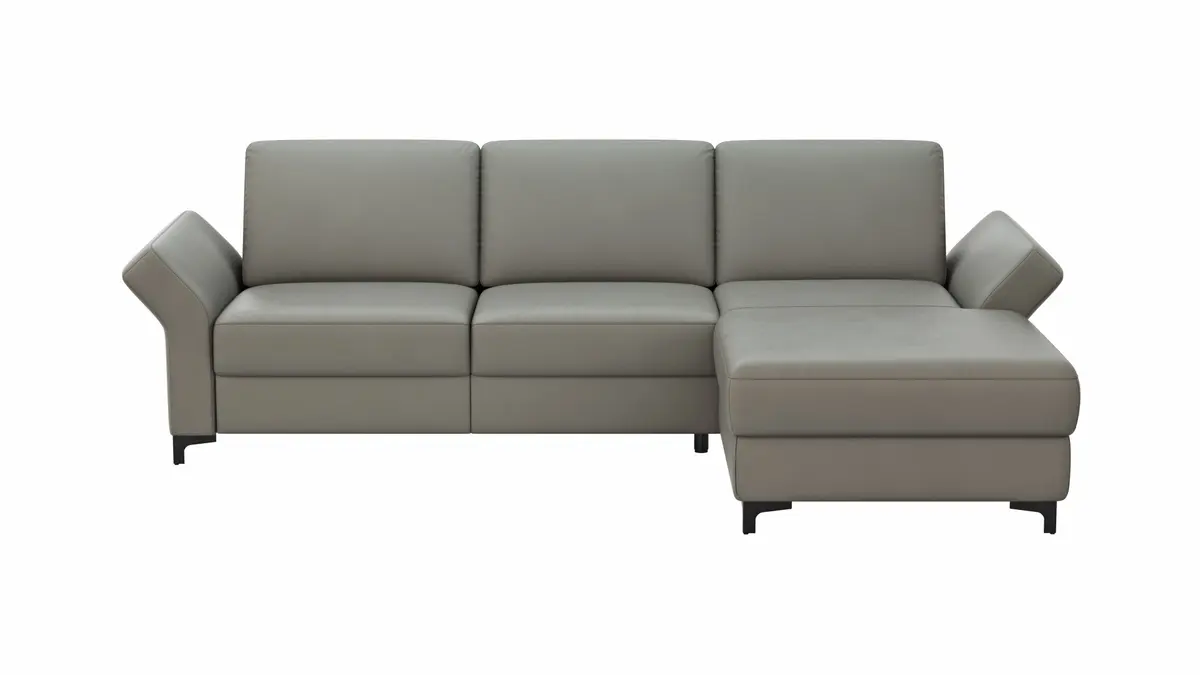 Ecksofa Merlos - 2-Sitzer mit Longchair rechts inkl. Armlehne verstellbar, Leder, Steingrau