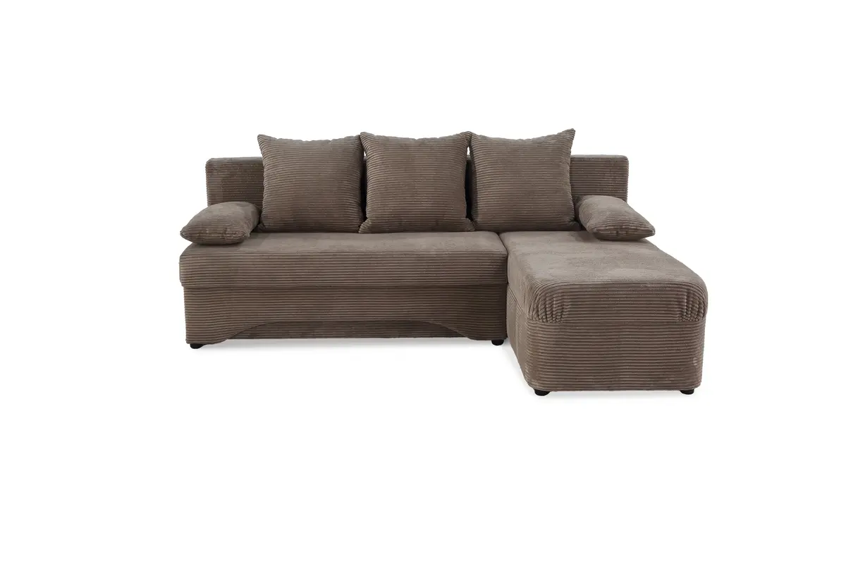 Ecksofa - 2-Sitzer mit Longchair rechts, Schaffunktion mit Bettkasten, Cord, Taupe