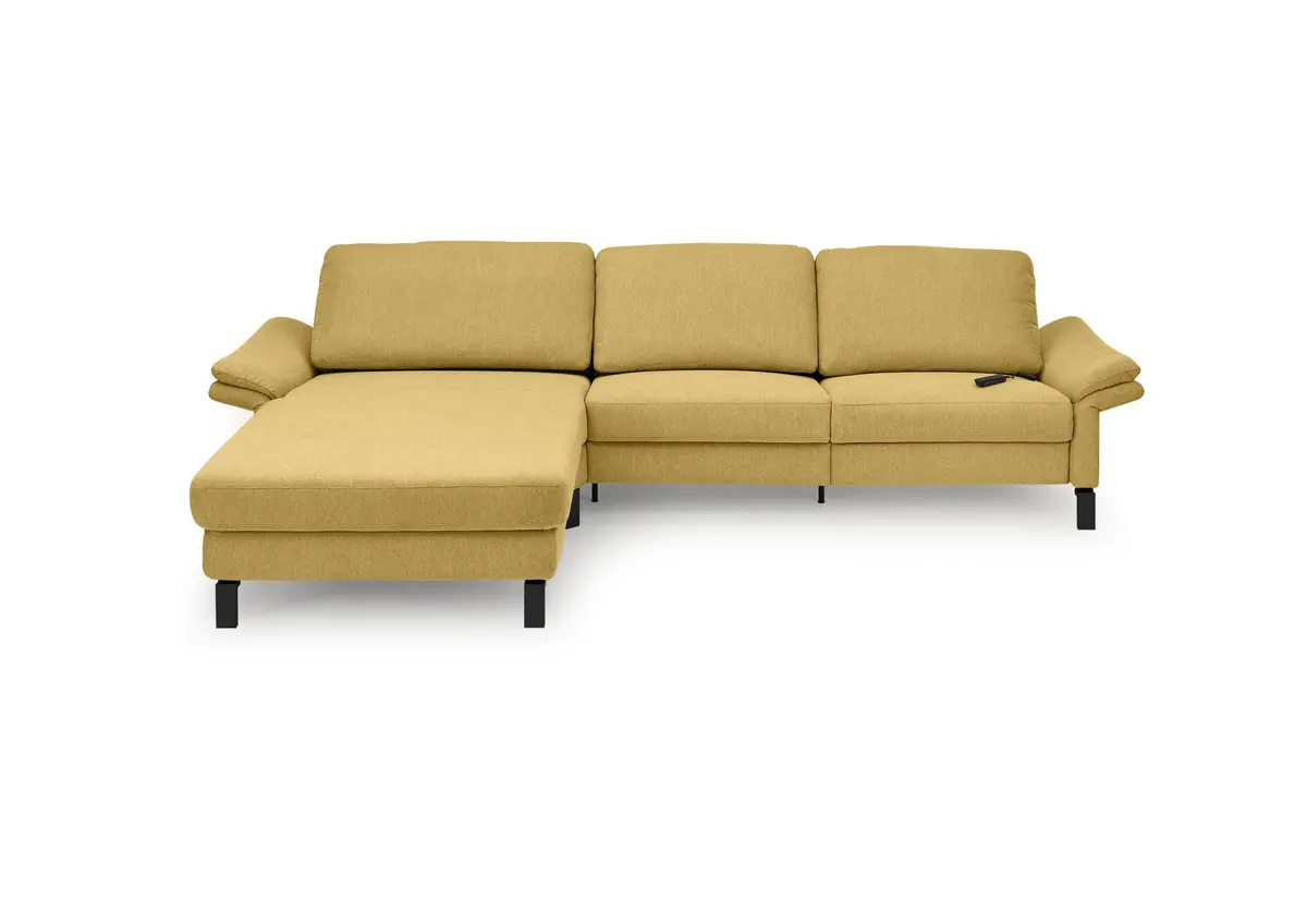 Ecksofa CALM PREMIUM 2.0 - Longchair links mit 3-Sitzer, Relaxfunktion motorisch, Armlehne verstellbar, Stoff, Kurkuma