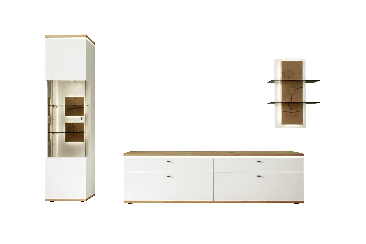 Wohnwand mit Beleuchtung - Weiß, Absetzung Wildeiche Furnier