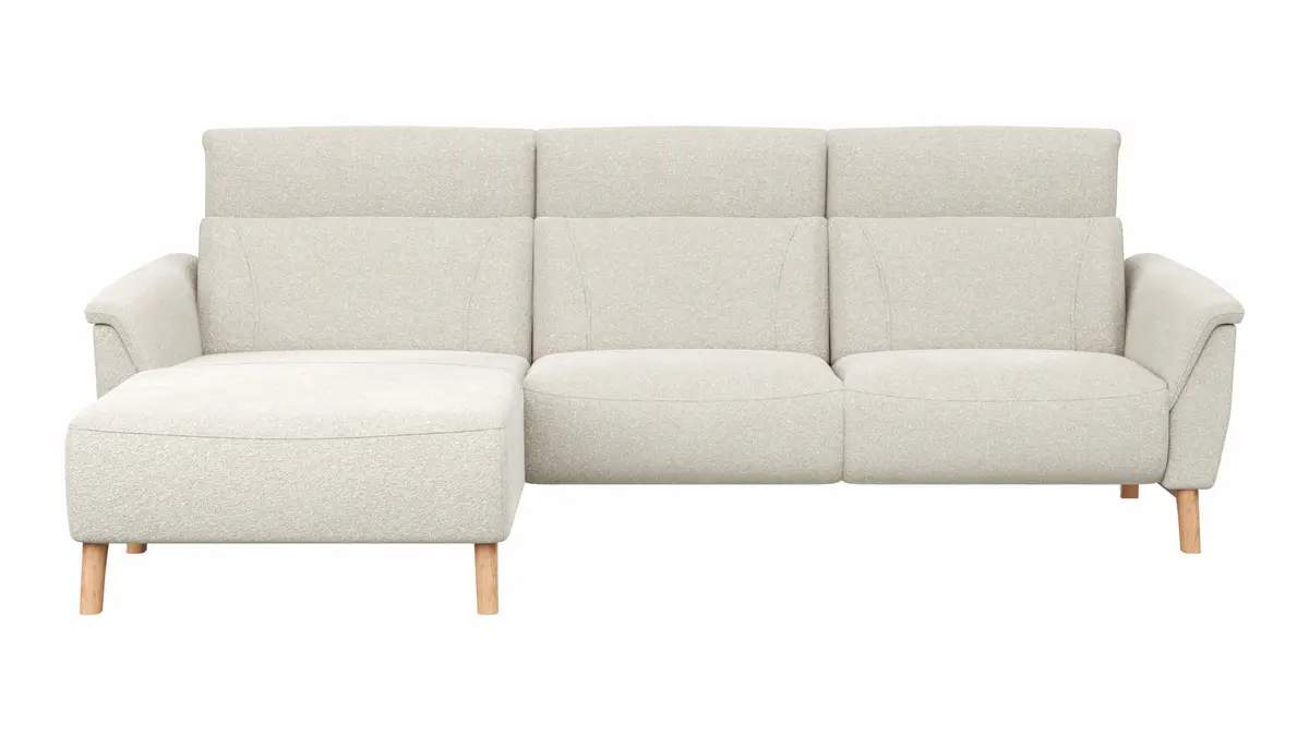 Ecksofa Nevin - Longchair links mit 2-Sitzer rechts, inkl. Kopfpolsterverstellung, Stoff, Weiß