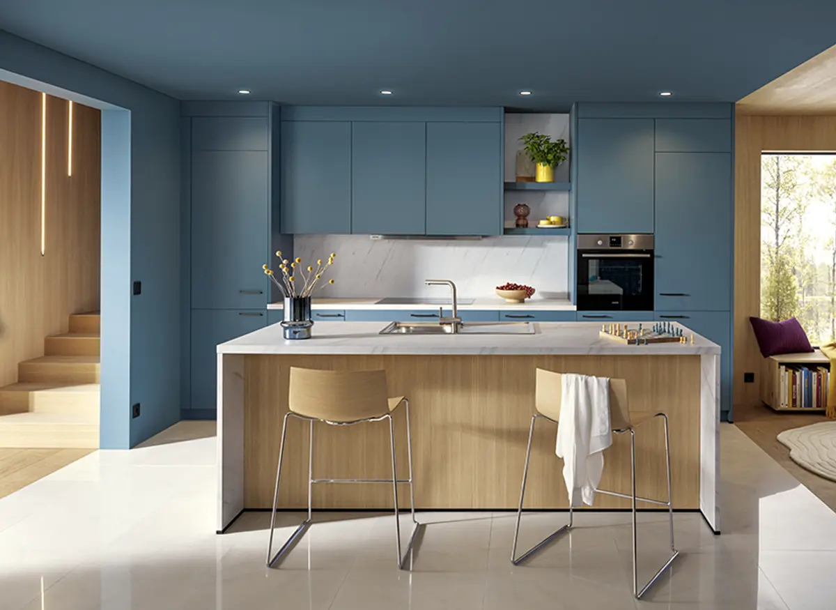 Inselküche 51.230 13 525, Stahlblau matt