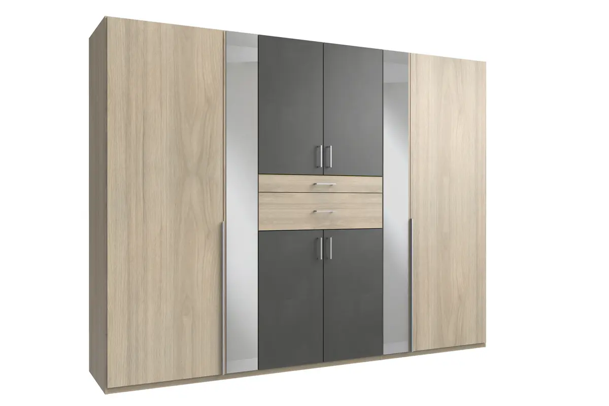 Drehtürenschrank- B ca. 270 cm, Eiche Dekor, Grau, Spiegel