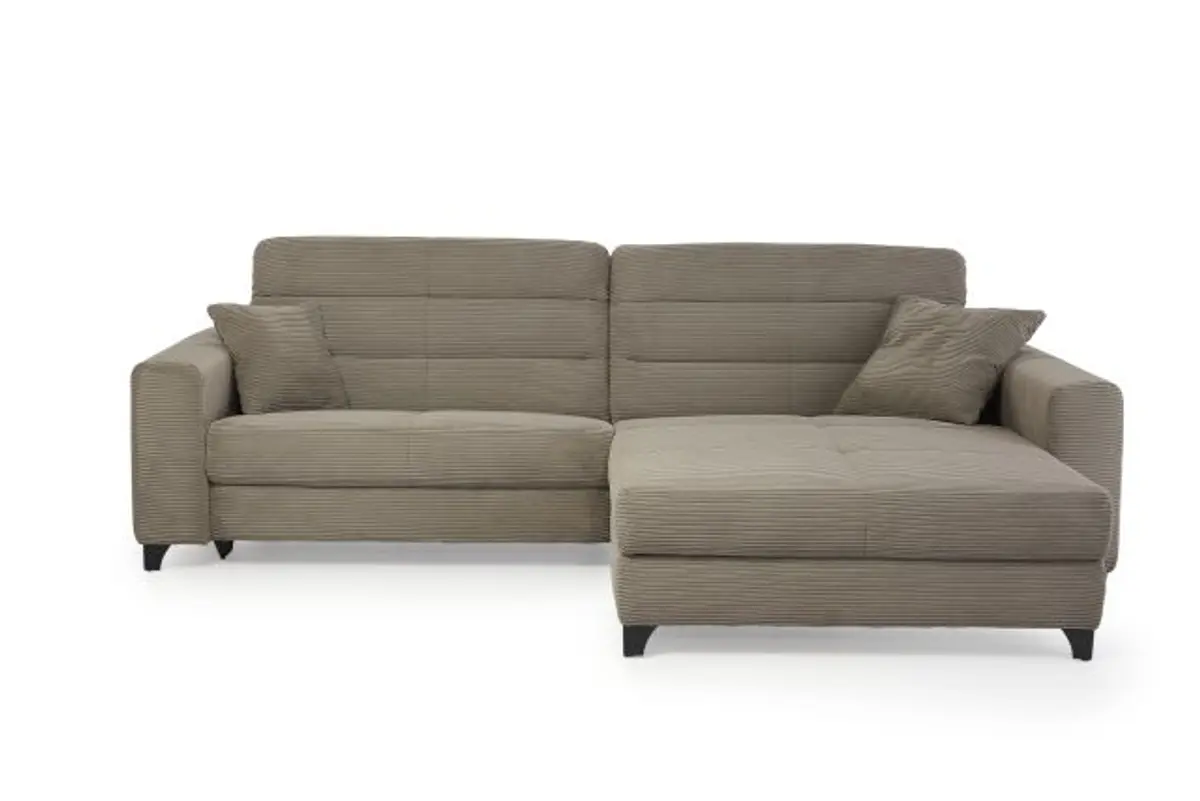Ecksofa JAROM - 3-Sitzer, Ecke rechts inkl. Relaxfunktion (motorisch) und Kopfteil verstellbar, Stoff, Taupe