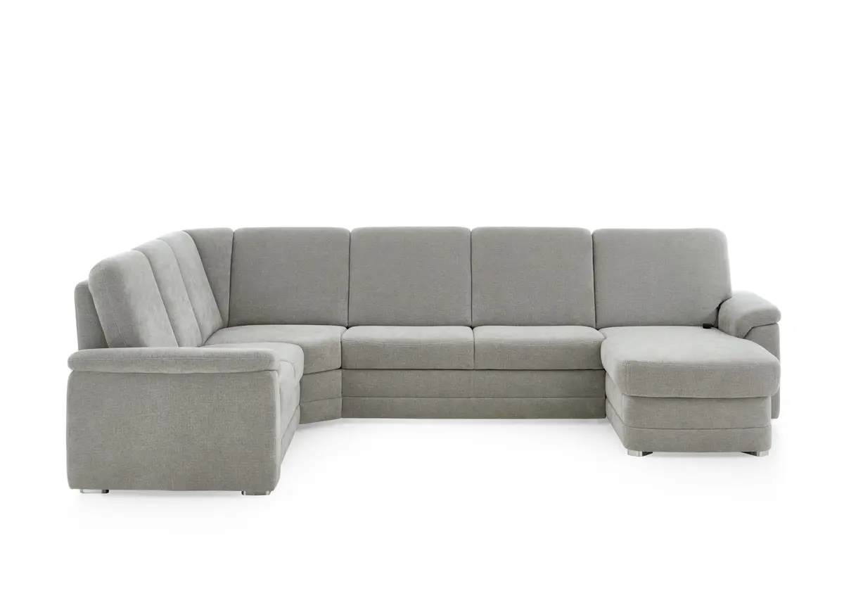 Wohnlandschaft  - Ecke links mit 2,5-Sitzer und Longchair rechts, Stoff Alufarben