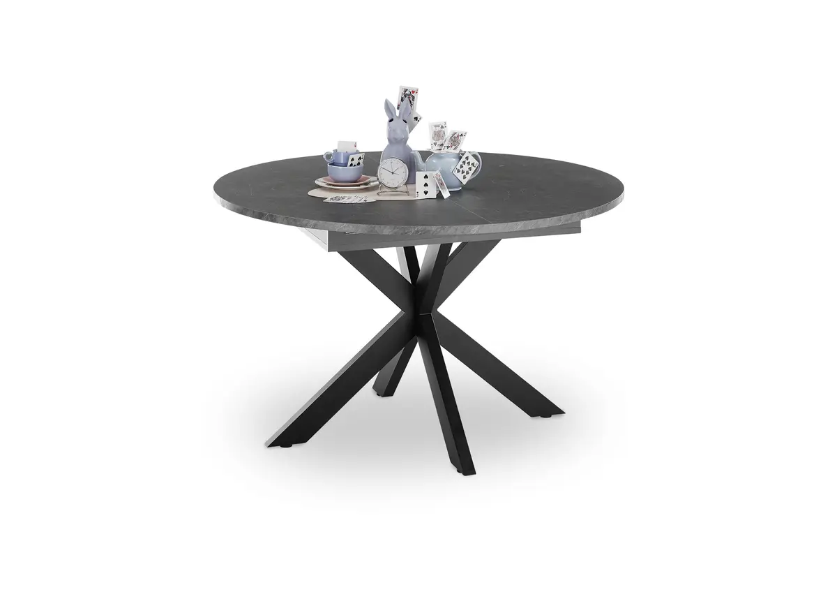 Esstisch - ausziehbar, Ø/H ca. 130x79 cm, Keramikoptik grau, Schwarz