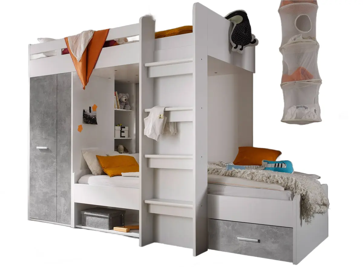 Hochbett- Liegefläche ca.90x200 cm, Weiß, Betonoptik Grau