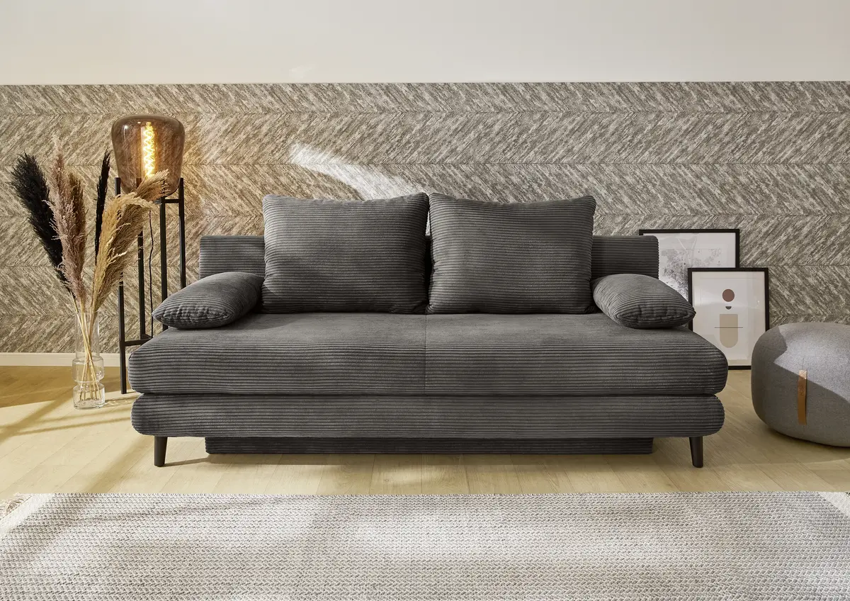 Schlafsofa - 2-Sitzer inkl. Schlaffunktion mit Bettkasten, Stoff, Dunkelgrau