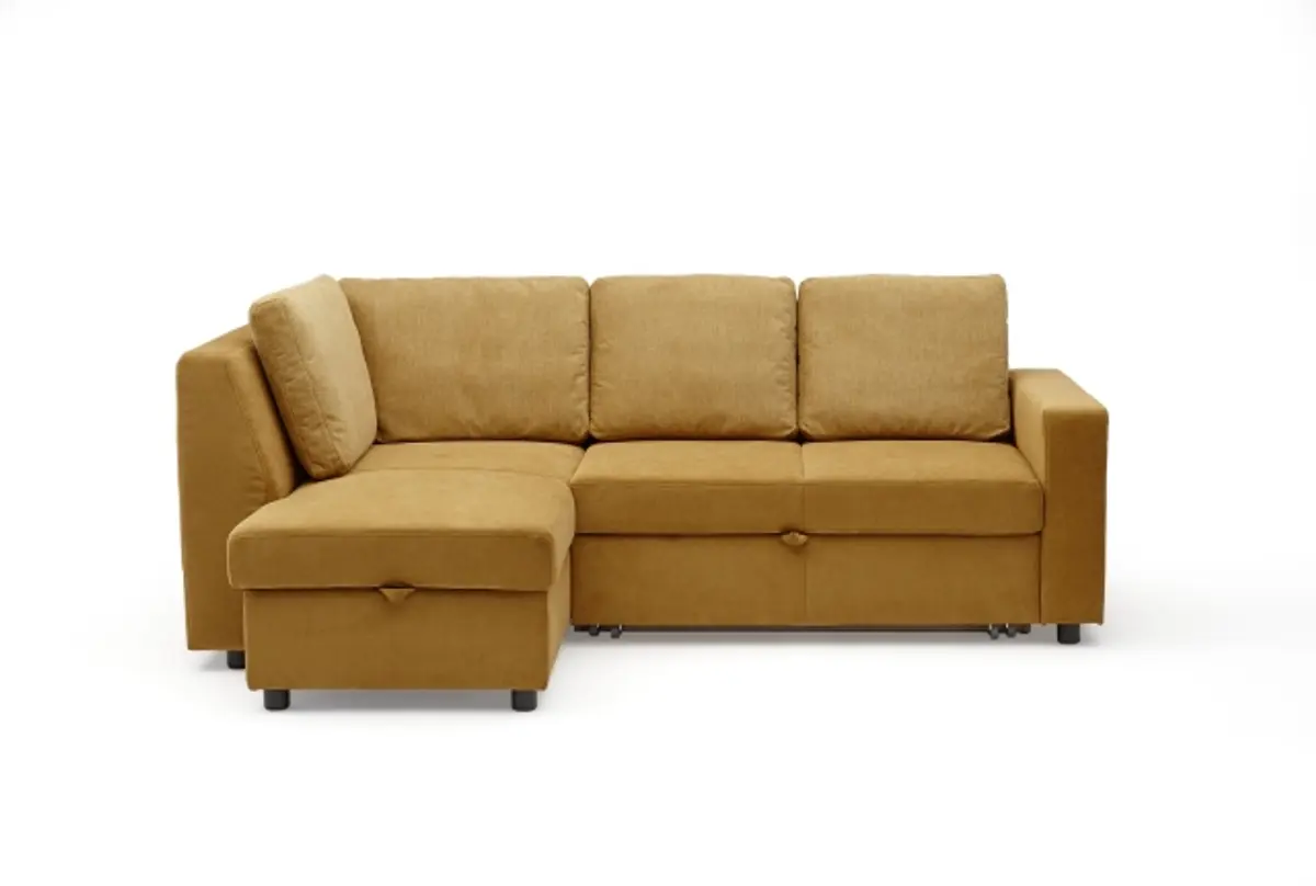 Ecksofa PRO FLEXX - Ecke links, 2-Sitzer inkl. Schlaffunktion und Bettkasten, Stoff, Senfgelb
