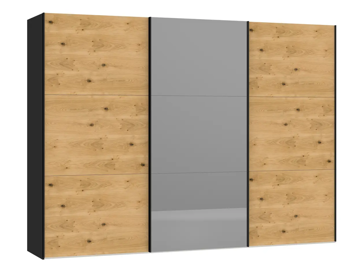 Schwebetürenschrank JOIN IT- B ac. 303 cm., Schwarz, Eiche, Furniert, Spiegel, Dunkel