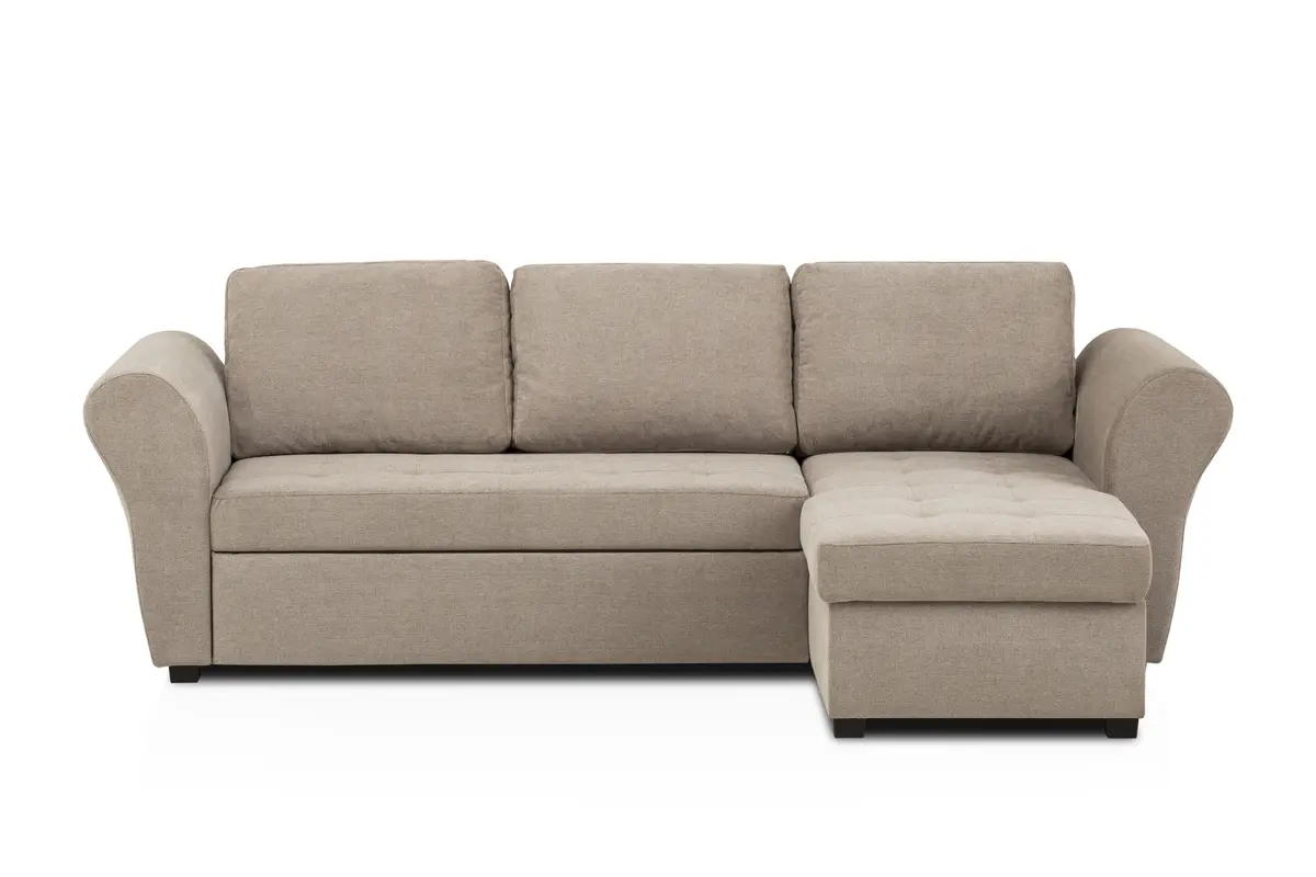 Ecksofa - 2-Sitzer mit Longchair rechts inkl. Schlaffunktion mit Bettkasten, Stoff, Trüffel