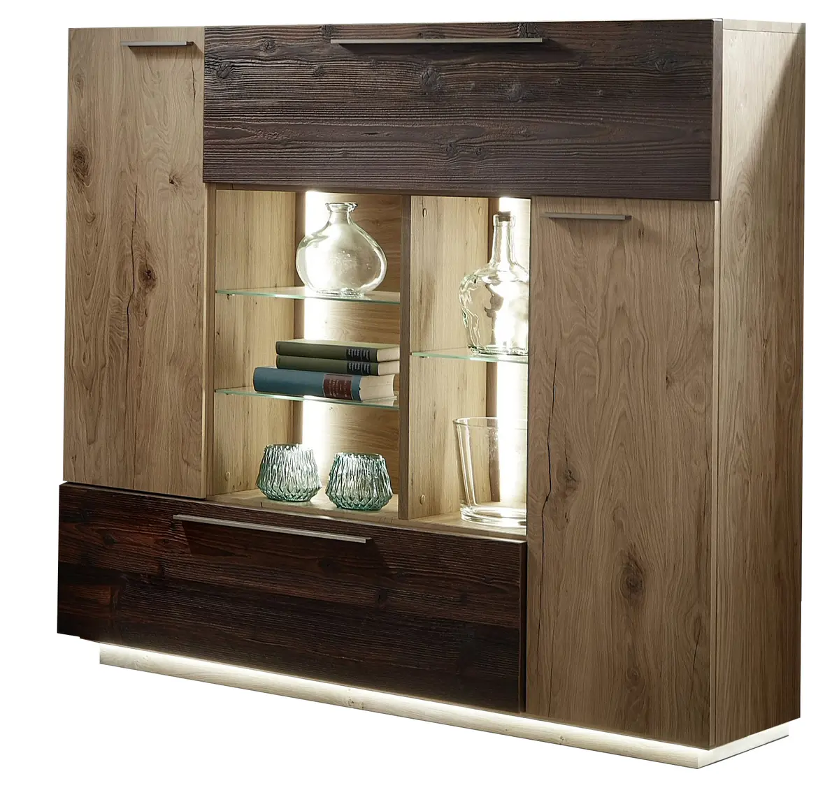 Highboard - mit Beleuchtung, Alteiche Furnier, Akzent Alm-Altholz