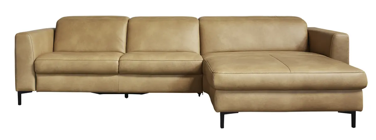 Ecksofa Rafaela - 2,5-Sitzer mit Longchair rechts inkl. Kopfteilverstellung (manuell), Leder, Hellbraun