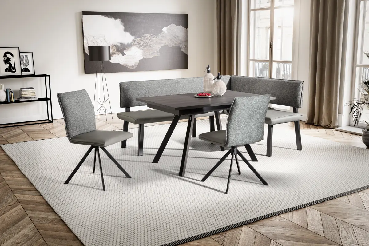 Eckbankgruppe - inkl. Tisch und 2x Stühle, Stoff, Grau