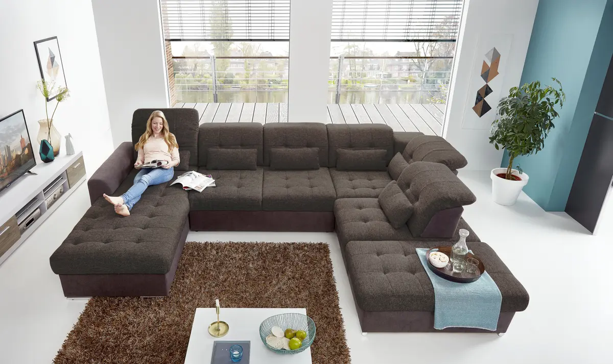 Wohnlandschaft - Longchair links, 3-Sitzer, Ecke rechts inkl. Schlaffunktion, Bettkasten, Kopfteilverstellung, Sitztiefenverstellung in Kunstleder Braun