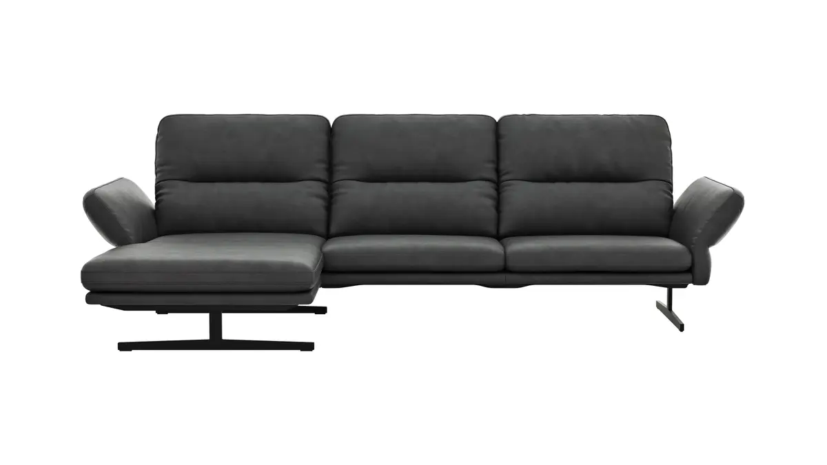 Ecksofa  Alexander -  Longchair links mit 3-Sitzer inkl. Kopfstütze/Armlehne verstellbar, Leder, Grau