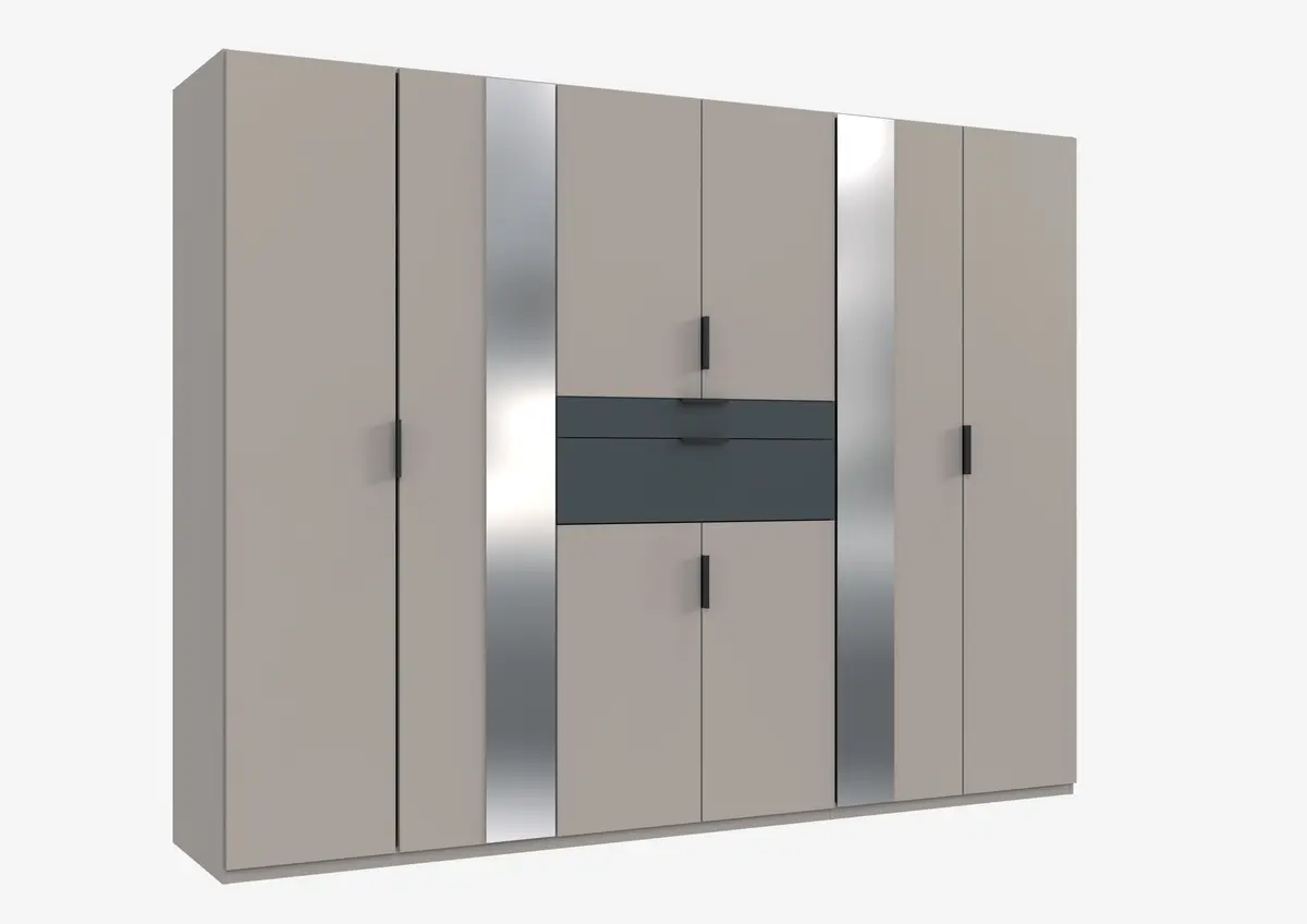 Drehtürenschrank- B ca. 270 cm, Hellgrau, Graphit, Spiegel