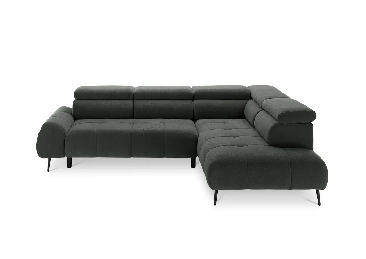 Ecksofa - 2-Sitzer mit Ecke rechts, Sitzvorzug motorisch, Kopfteil verstellbar, Stoff, Moos