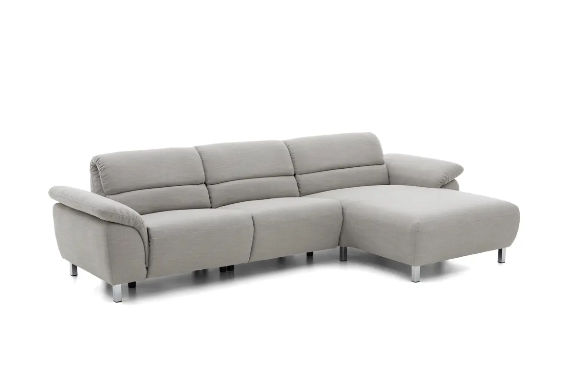 Polsterecke EM Sofia - 3-Sitzer mit Longchair rechts inkl. Kopfstütze verstellbar, Stoff, Silberfarben
