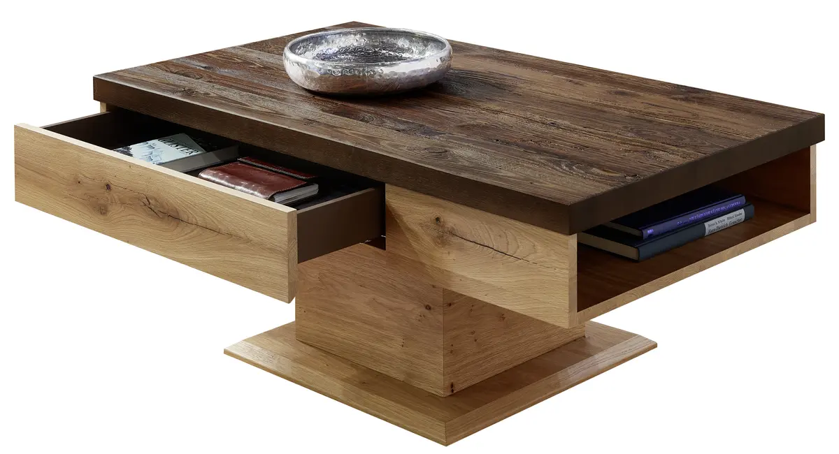 Couchtisch - Schubkasten, LBH ca. 120x70x48 cm, Alteiche Furnier, Platte Alm-Altholz,