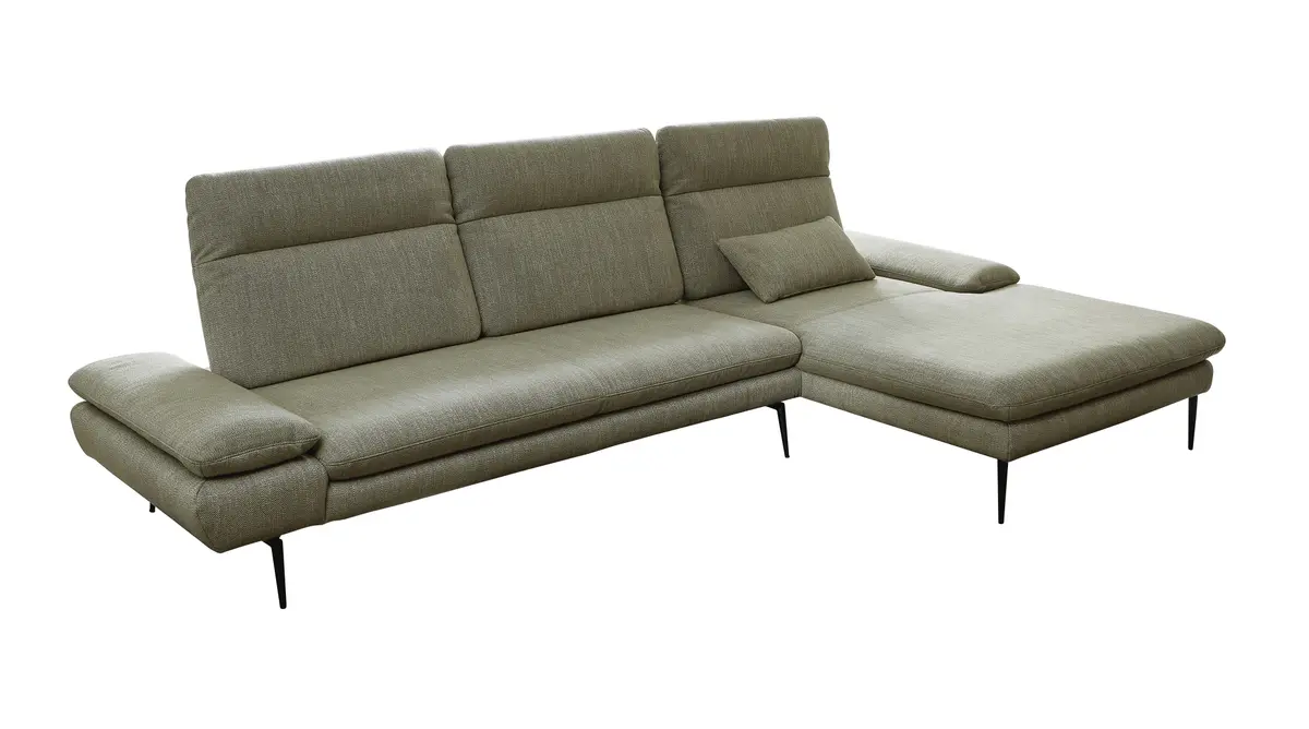 Ecksofa - 2,5-Sitzer mit Longchair rechts, Kopfteil/Sitztiefe verstellbar (manuell), Flachgewebe, Olive 