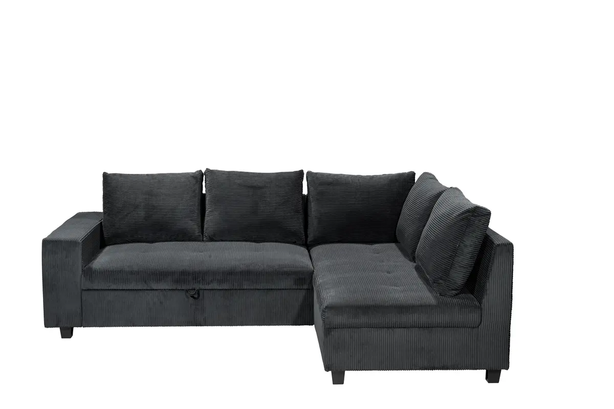 Ecksofa - 2-Sitzer mit Ecke rechts, Schlaffunktion, Cord, Schwarz