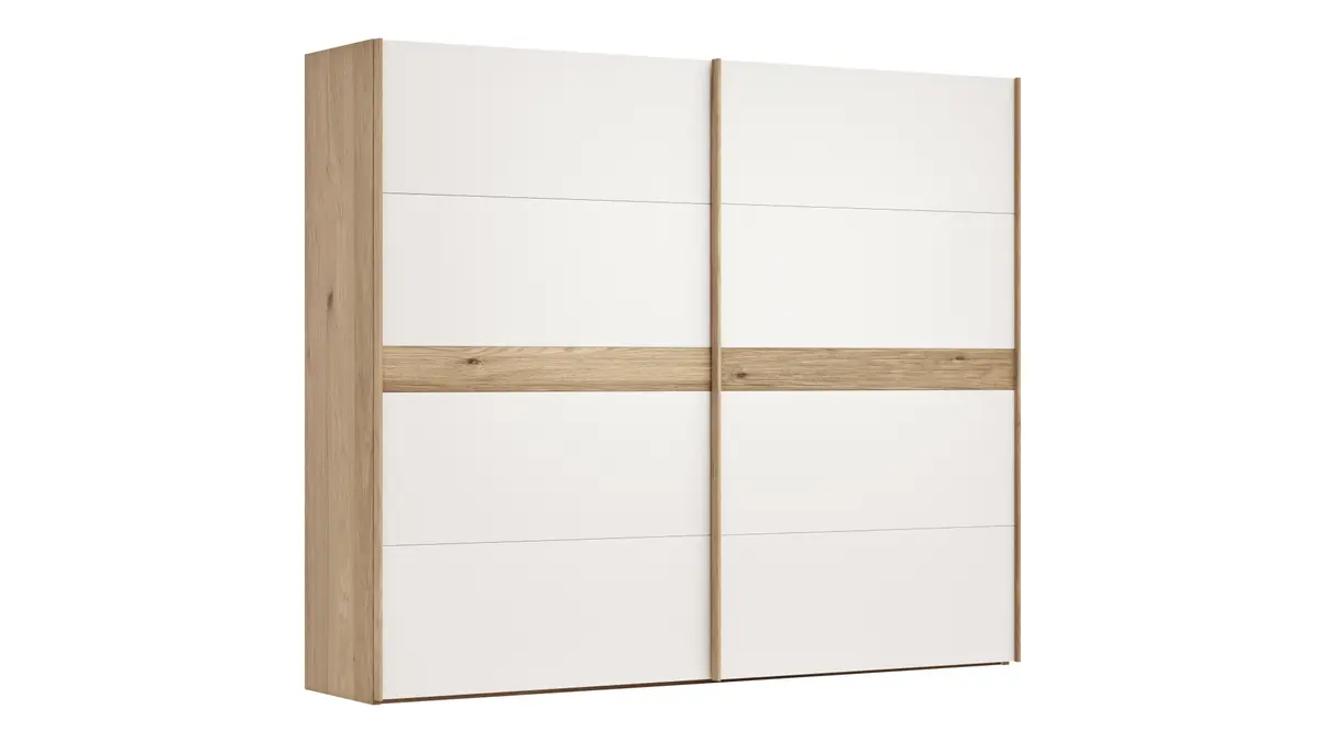 Schwebetürenschrank Viana - B ca. 271 cm, Lack, Weiß, Riffholz, Balkeneiche