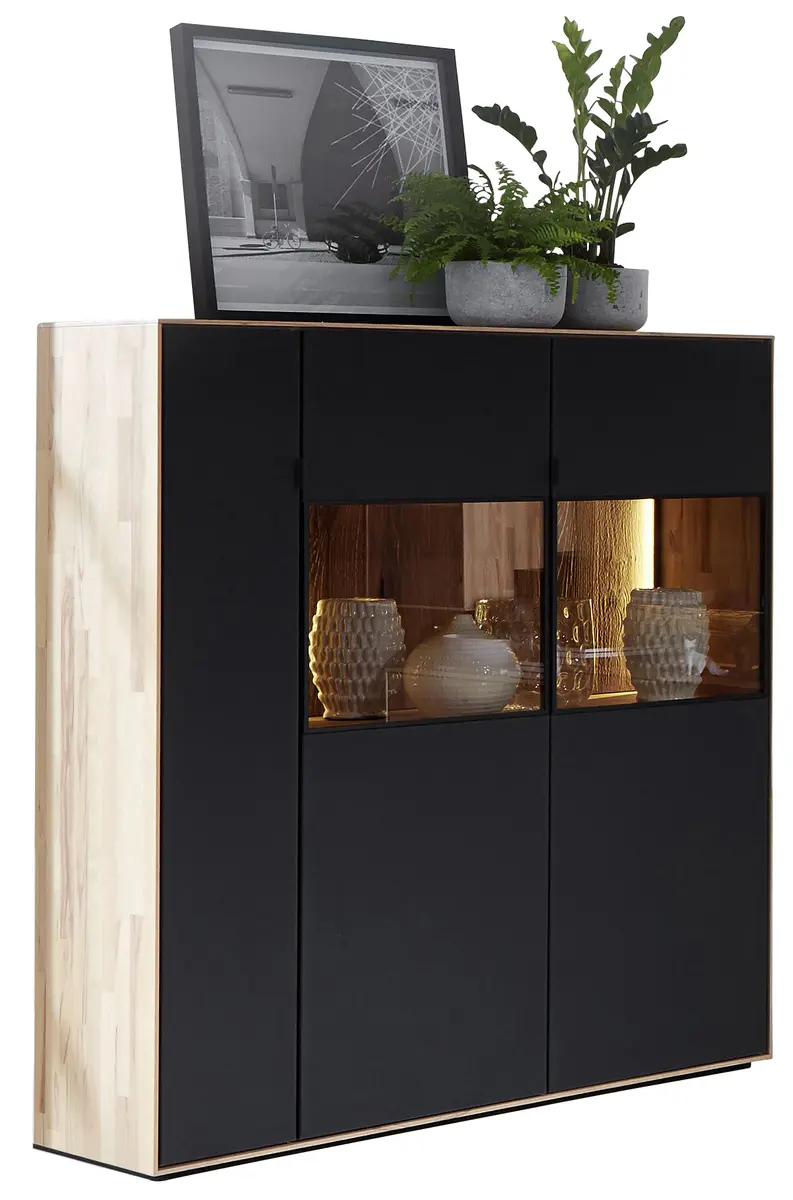 Highboard - mit Beleuchtung, Riffbuche massiv, Mattglas, Anthrazit