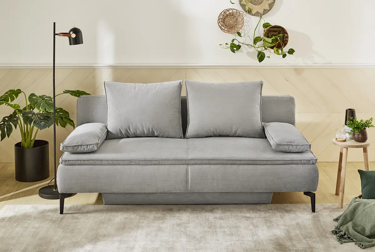 Schlafsofa - 2-Sitzer inkl. Schlaffunktion mit Bettkasten, Cord, Grau 