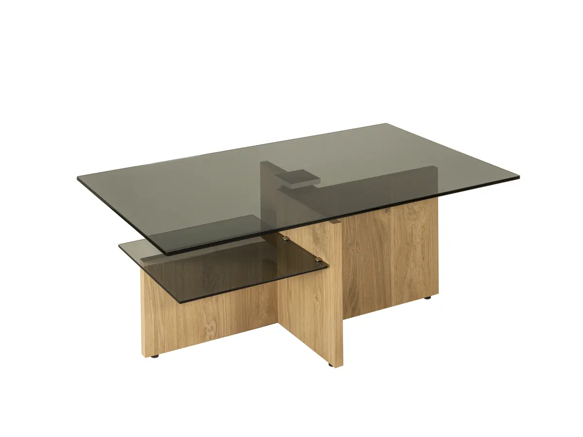 Couchtisch - höhenverstellbar, LBH. ca. 100x60x45-63 cm, Glas, Wildeiche furniert