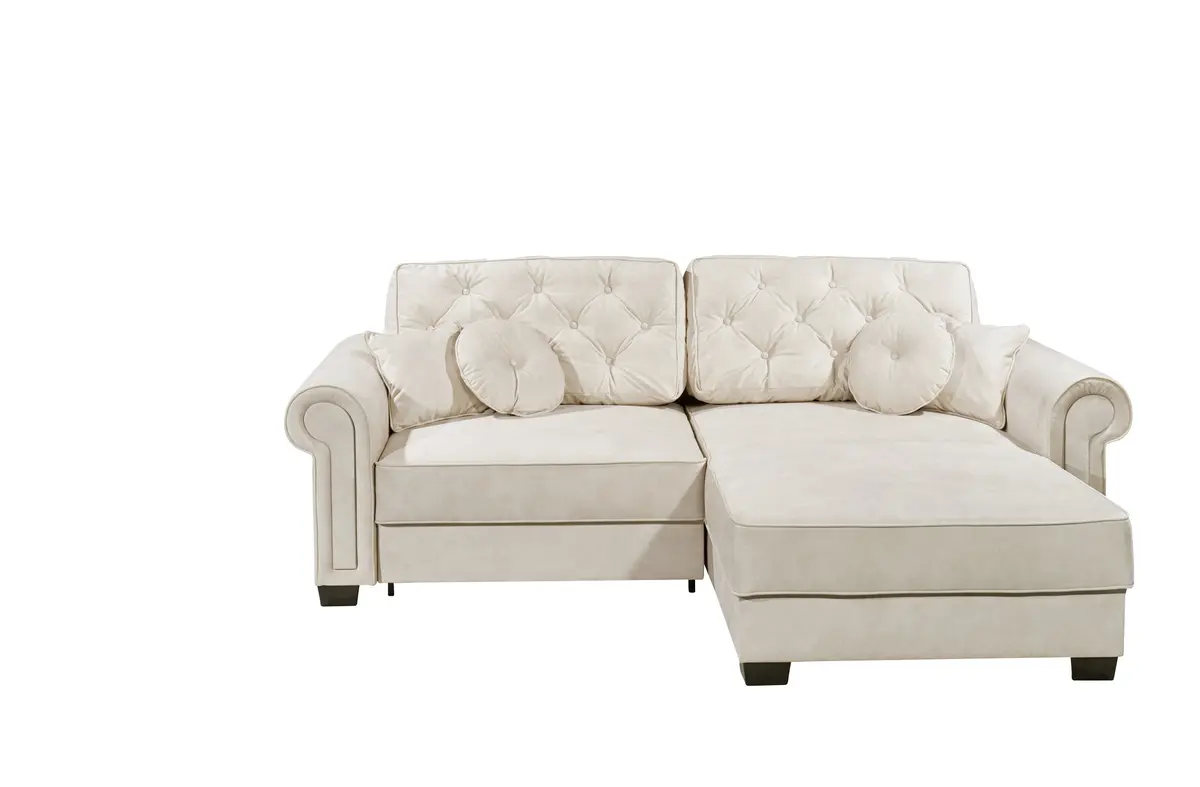 Ecksofa  - Sofa 2-Sitzer mit Longchair rechts, Schlaffunktion mit Bettkasten, Stoff, Creme