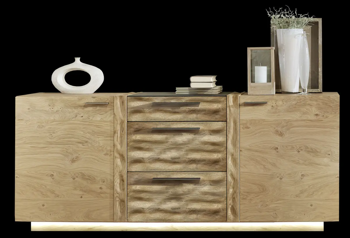 Sideboard - mit Beleuchtung, Wildasteiche Furnier, Absetzung Almschroppung 