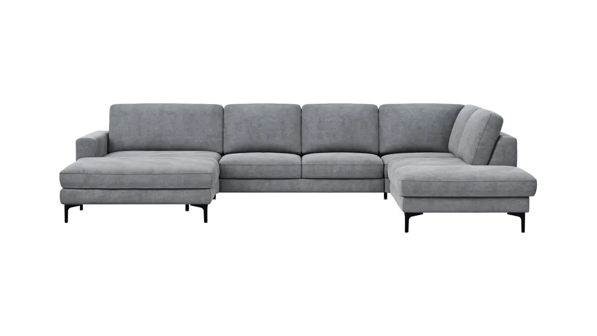Wohnlandschaft Oviedo - Longchair links mit 2-Sitzer und Ecke rechts, Stoff, Grau