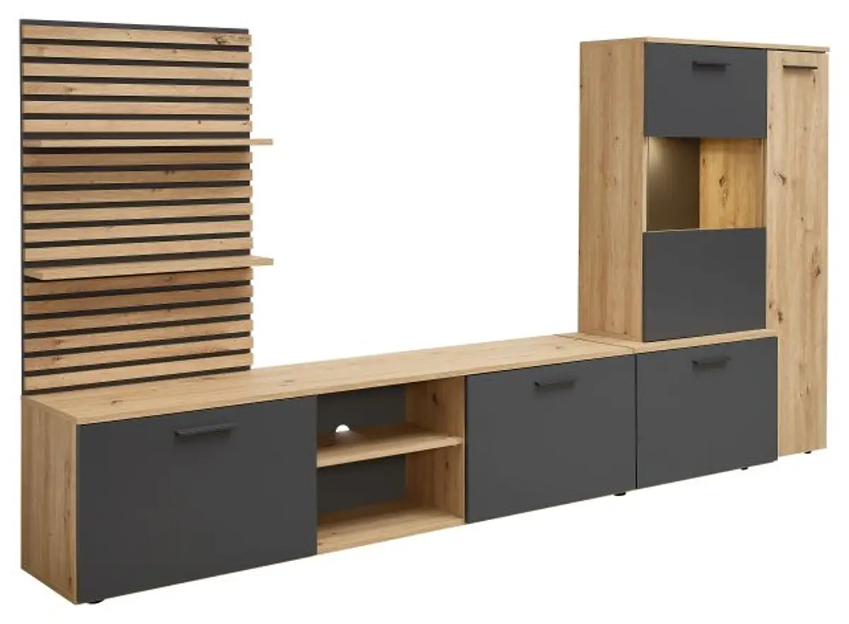 Wohnwand- Eiche  Dekor, Anthrazit