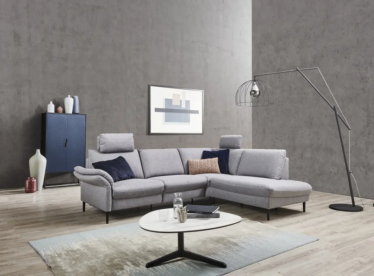 Ecksofa EM Preko mit Kopfstützen - 3-Sitzer mit Ecke rechts, Stoff, Grau