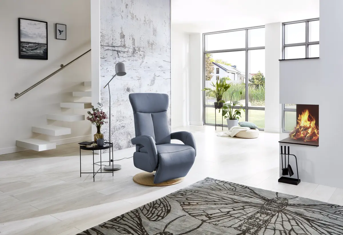 Fernsehsessel EM Plauen - Relaxfunktion, Leder, Graublau