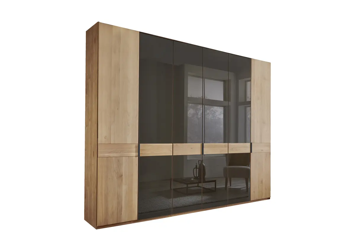 Drehtürenschrank -  B. ca. 300 cm, Erle Teilmassiv, Querriegel Massiv, Glastüren Mocca